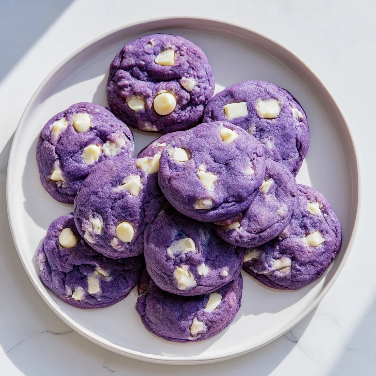 Freshly baked White Chocolate Ube Cookies with vibrant purple hue and melty white chips.