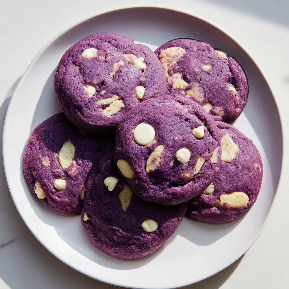 White Chocolate Ube Cookies stacked on a cooling rack, showcasing soft centers and golden edges.