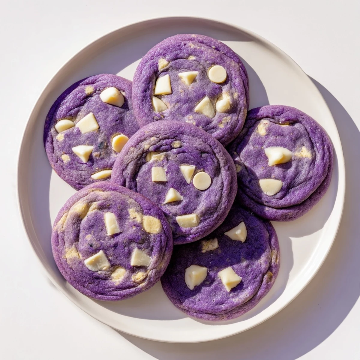 Warm White Chocolate Ube Cookies served on a rustic plate, perfect for a sweet snack.