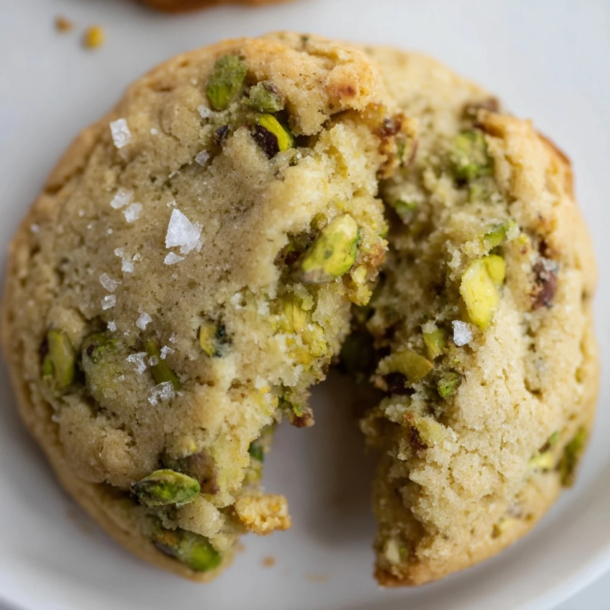 Close-up view of Salted Honey Pistachio Cookies highlighting the honey-glazed pistachios and sweet-and-salty texture on a baking sheet.