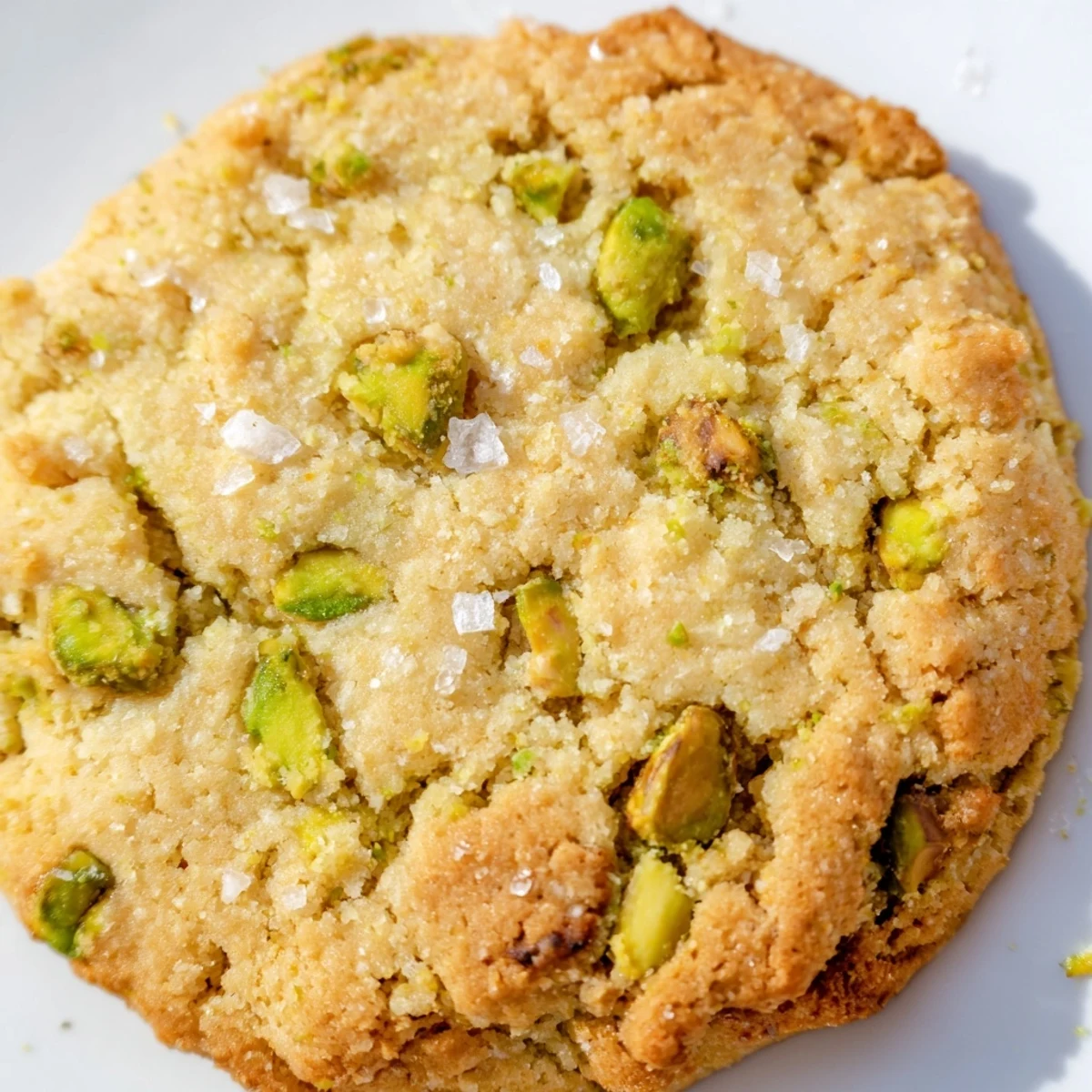 Warm Salted Honey Pistachio Cookies displayed on a rustic plate, showing a chewy texture and sprinkled with flaky sea salt.