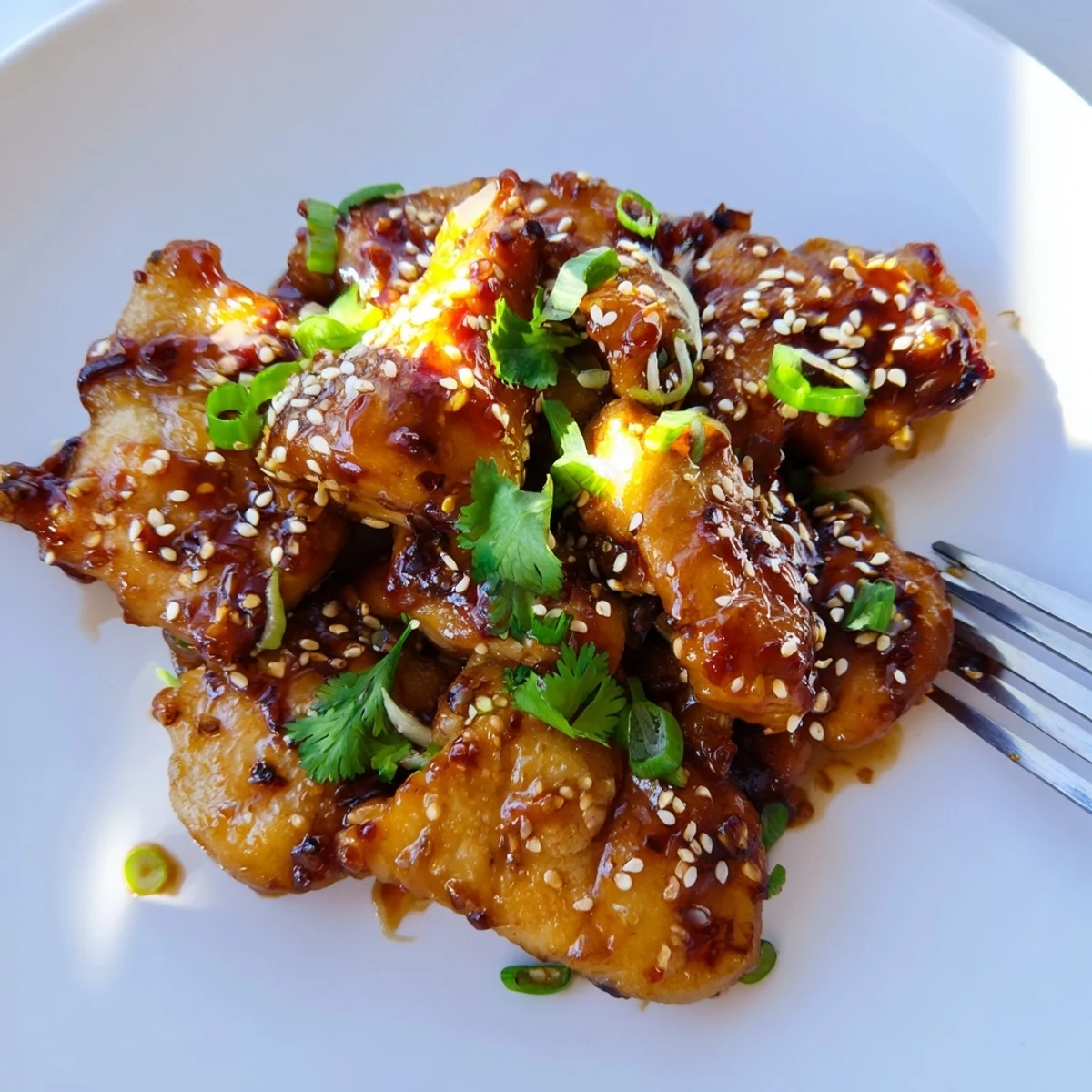 Close-up of glossy ginger garlic glaze clinging to every bite of Sweet and Spicy Thai Chicken with fresh cilantro garnish.