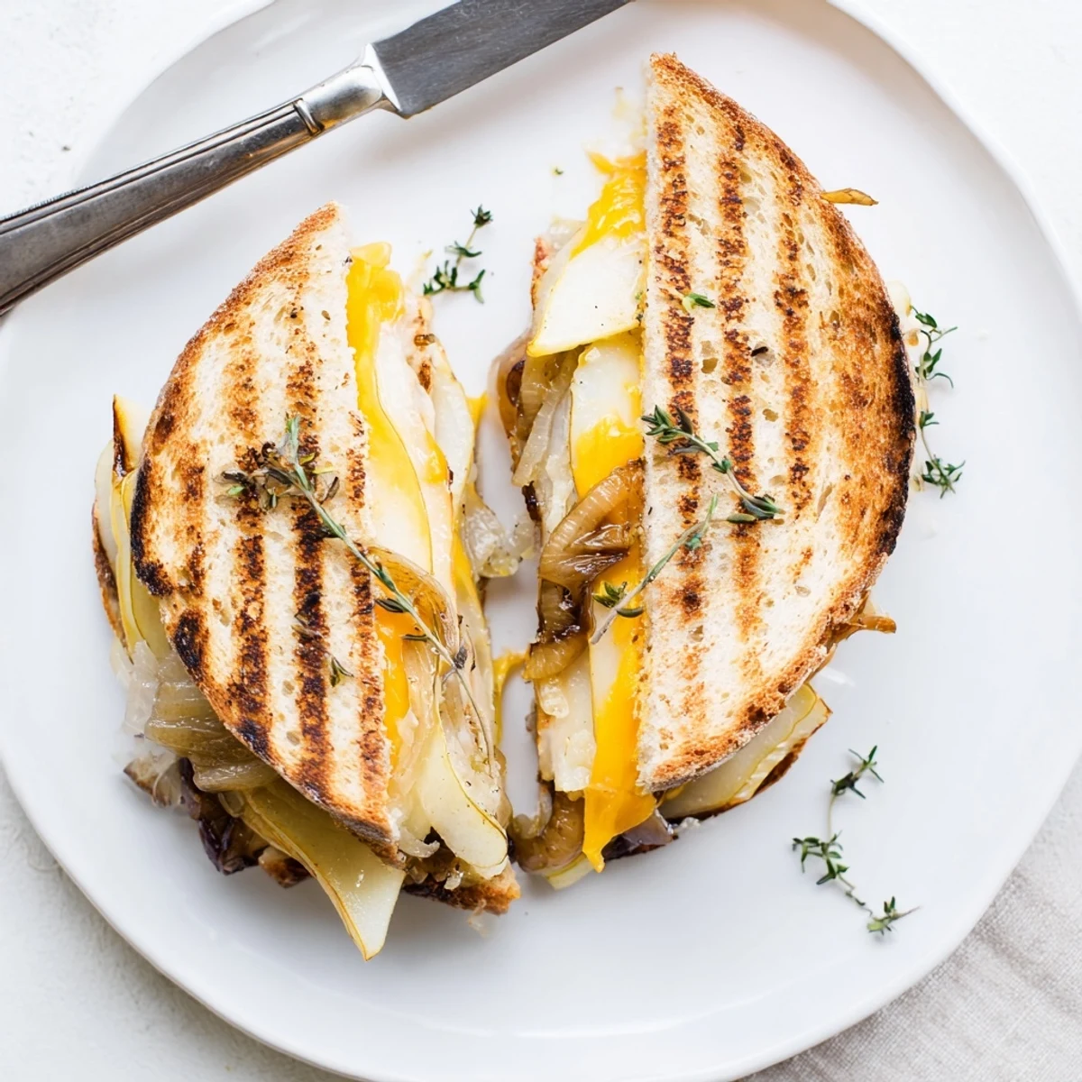 The finished Pear, Apple & Grilled Cheese with Caramelized Onions served warm beside a fresh green salad.