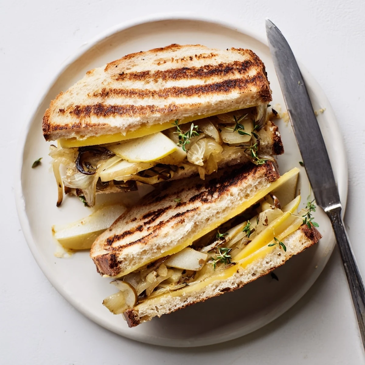 A close-up of a sliced Pear, Apple & Grilled Cheese with Caramelized Onions, showing gooey cheese and fruit.