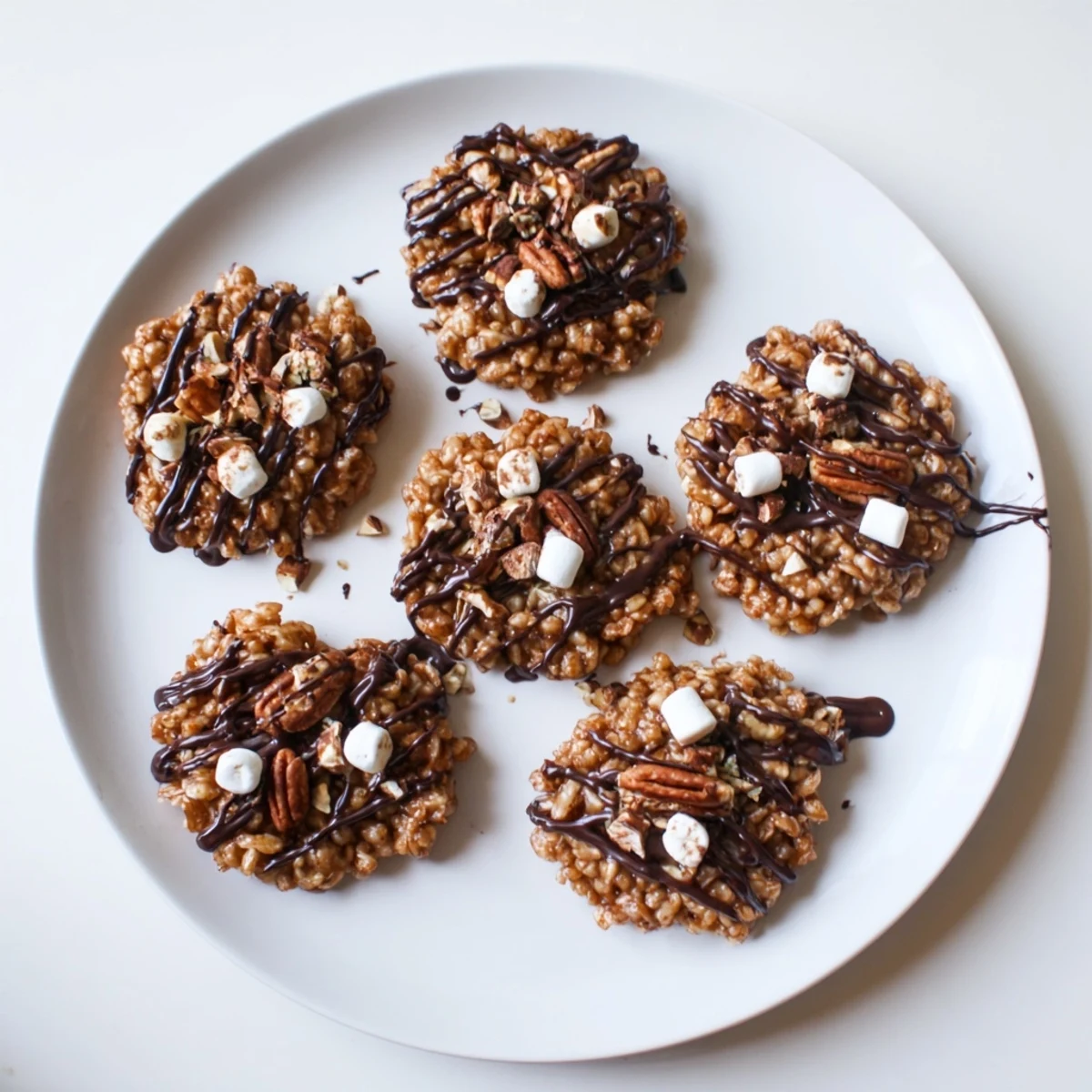 Golden-brown No Bake Coffee Crunch Rice Krispie Cookies are arranged on a cooling rack, drizzled with melted chocolate and sprinkled with toasted pecans for extra crunch.