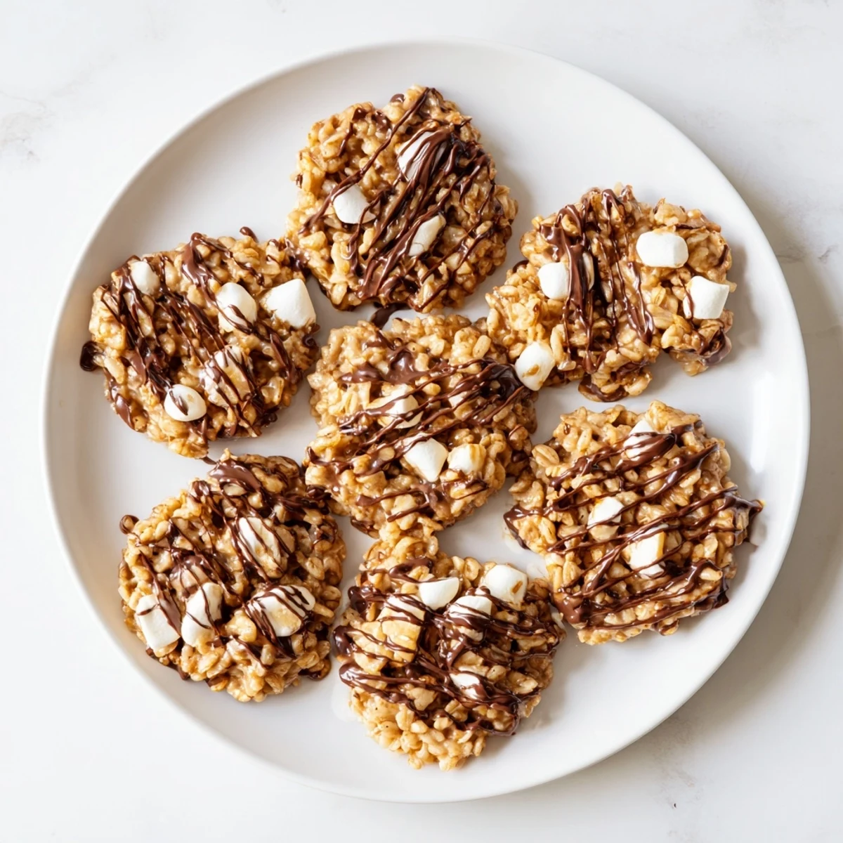 A close-up of No Bake Coffee Crunch Rice Krispie Cookies shows crispy rice cereal texture and a glossy chocolate drizzle, ready to be served with a hot cup of coffee.