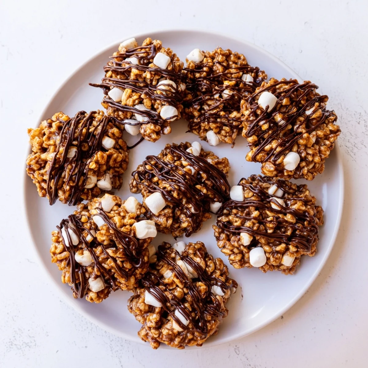 Freshly chilled No Bake Coffee Crunch Rice Krispie Cookies sit on a marble countertop, offering a chewy, coffee-infused bite perfect for an easy American dessert.