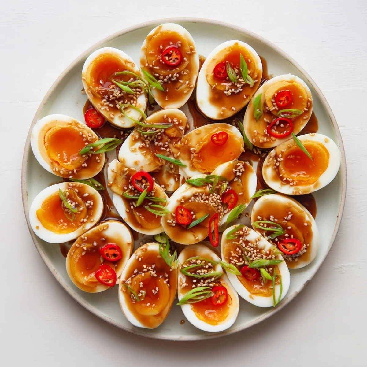 A close-up of Korean Marinated Eggs on a wooden board, drizzled with savory marinade and sprinkled with fresh sesame seeds.