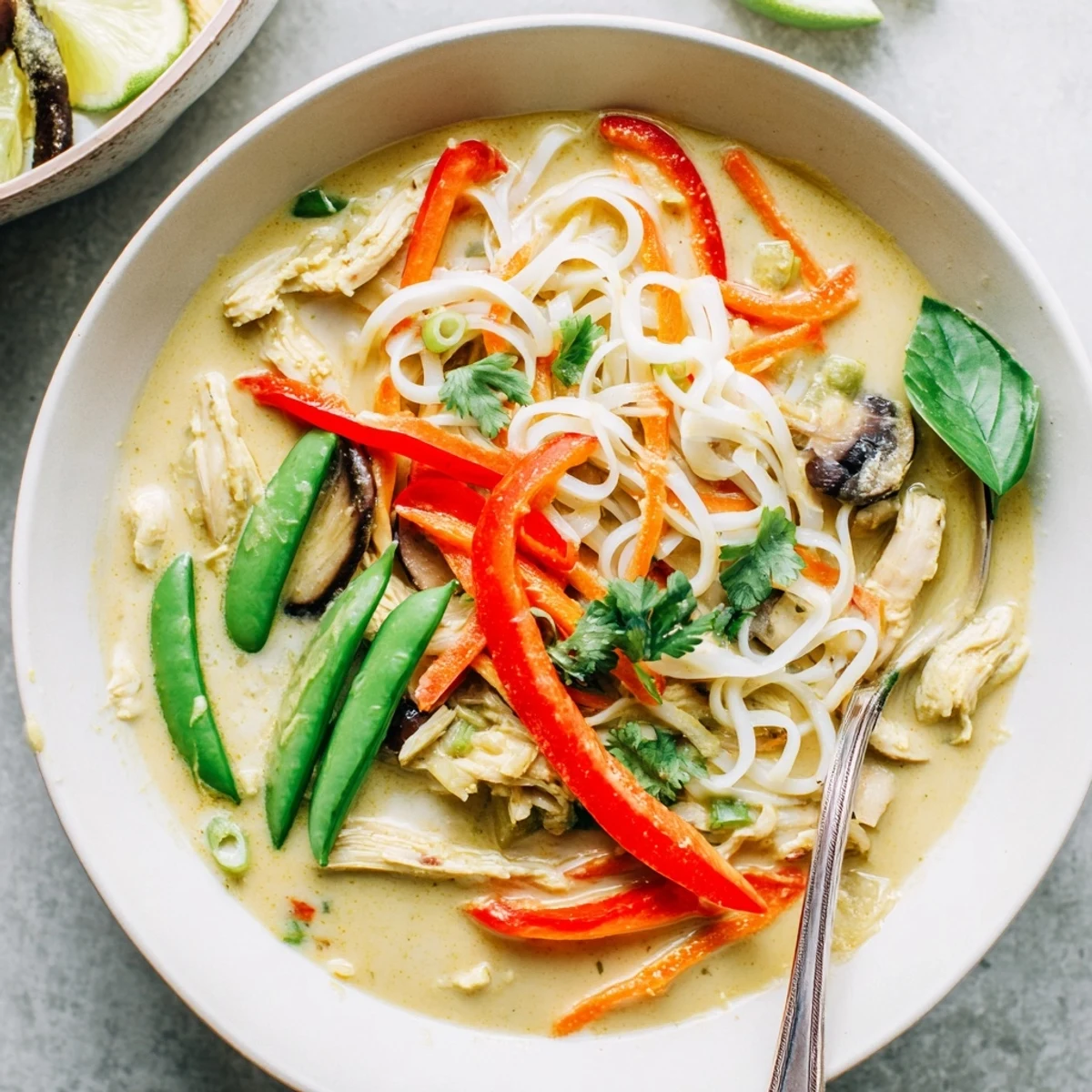 Serving bowls are filled with steaming Thai Green Curry Chicken Noodle Soup, featuring creamy coconut broth, colorful veggies, and a sprinkle of red chili.
