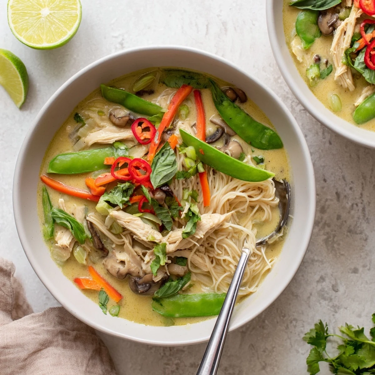 Tender chicken, rice noodles, and crisp vegetables swim in a fragrant Thai Green Curry Chicken Noodle Soup, garnished with fresh basil and lime.