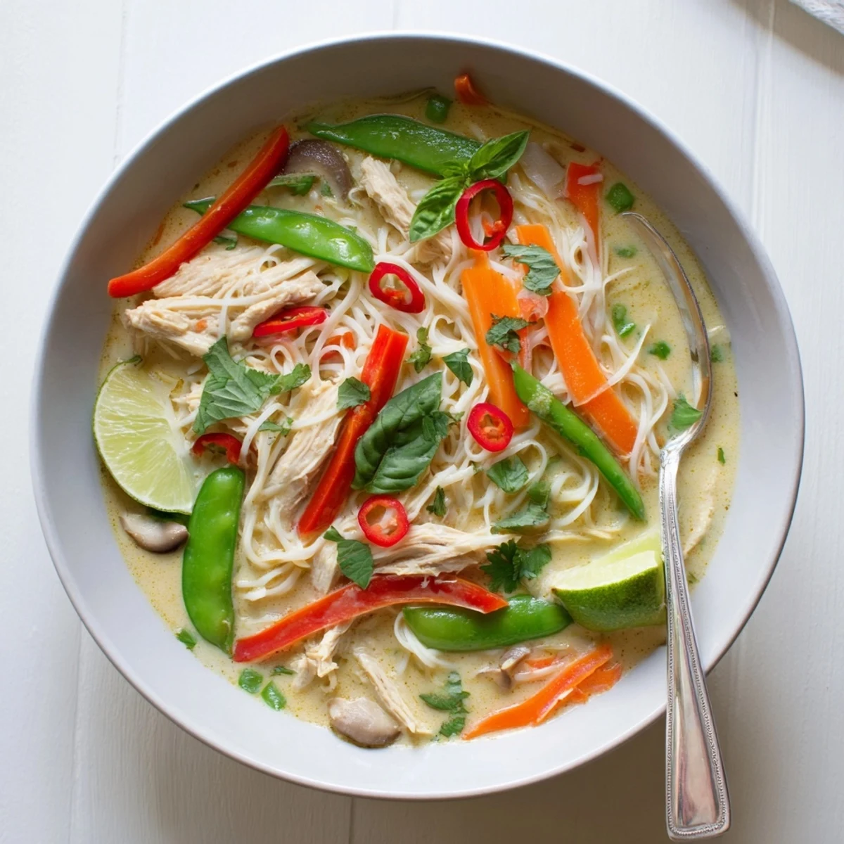 A close-up shows vibrant green curry broth, soft noodles, and chicken pieces in this Thai Green Curry Chicken Noodle Soup, ready to eat.