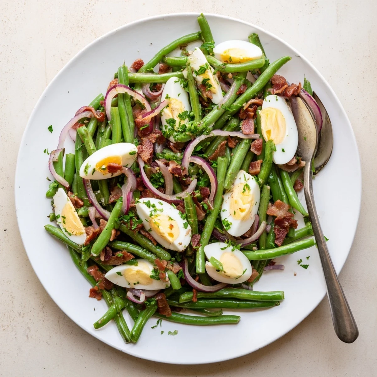 Serving suggestion for Green Bean, Bacon, and Egg Salad on a wooden board, featuring quartered eggs and sliced red onion.