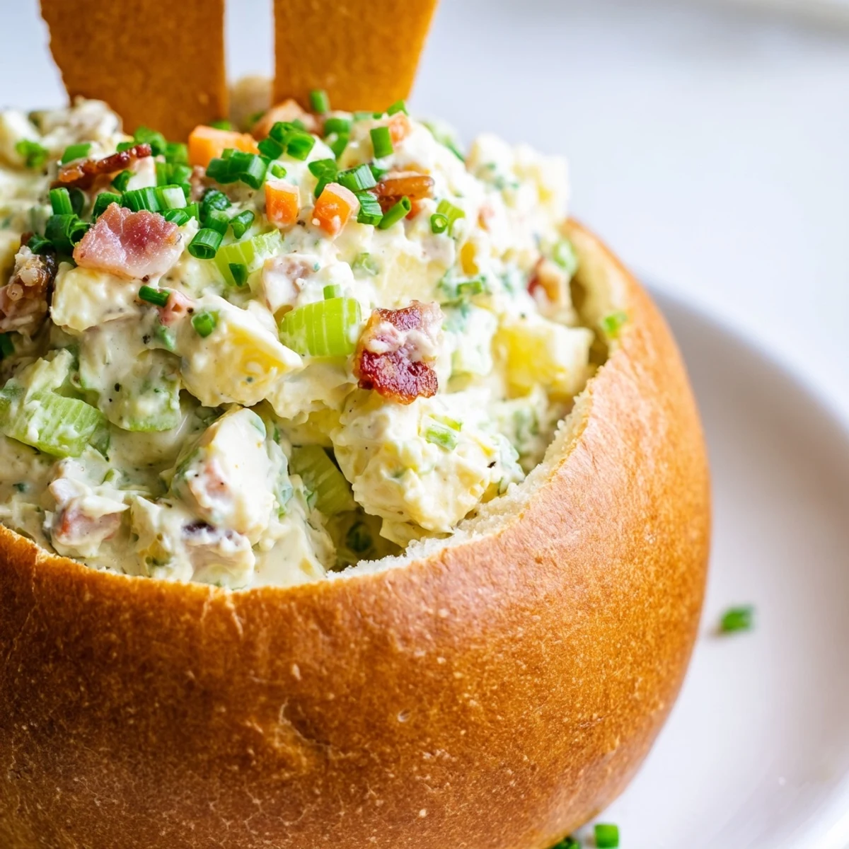 The hollowed Easter Bunny Cob is generously filled with creamy egg salad, with celery and bacon bits visible.  