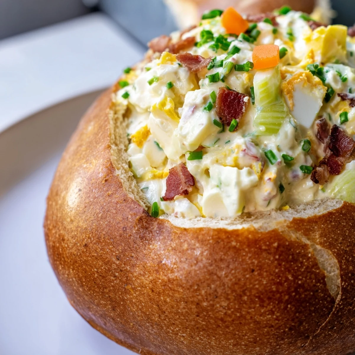 Sliced pieces of the Easter Bunny Cob show fluffy bread interior and rich egg salad, ready for a family brunch.