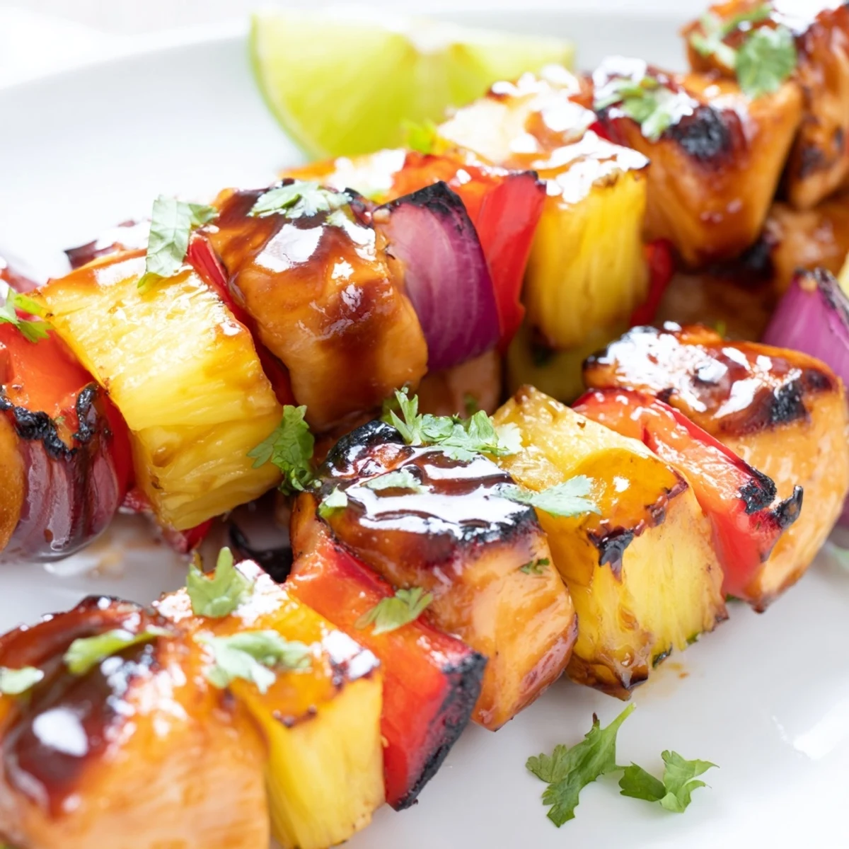 Grilled Chicken and Pineapple BBQ Skewers glisten with tangy sauce on a platter garnished with fresh cilantro.