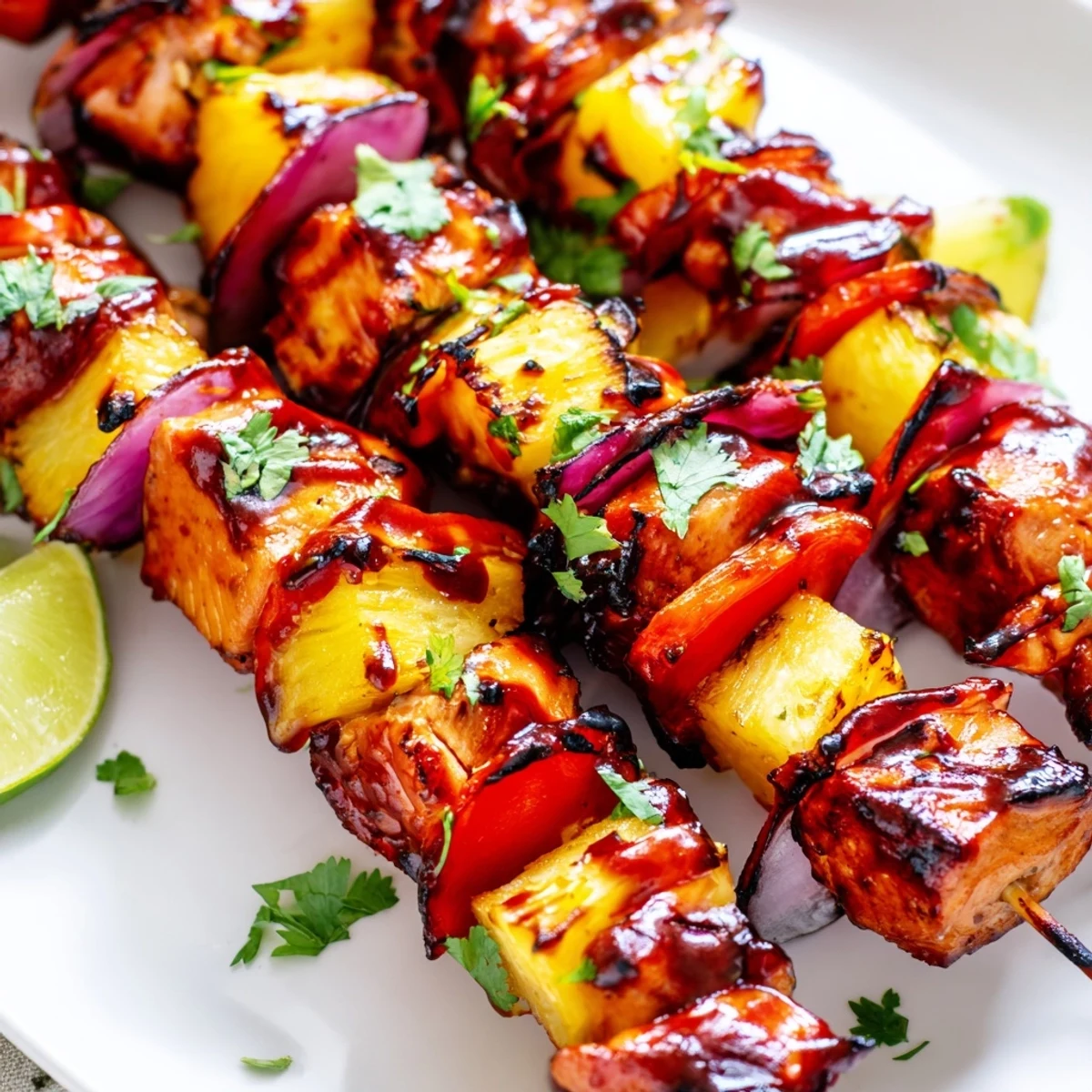 A close-up shows charred Chicken and Pineapple BBQ Skewers with red bell peppers and lime wedges.