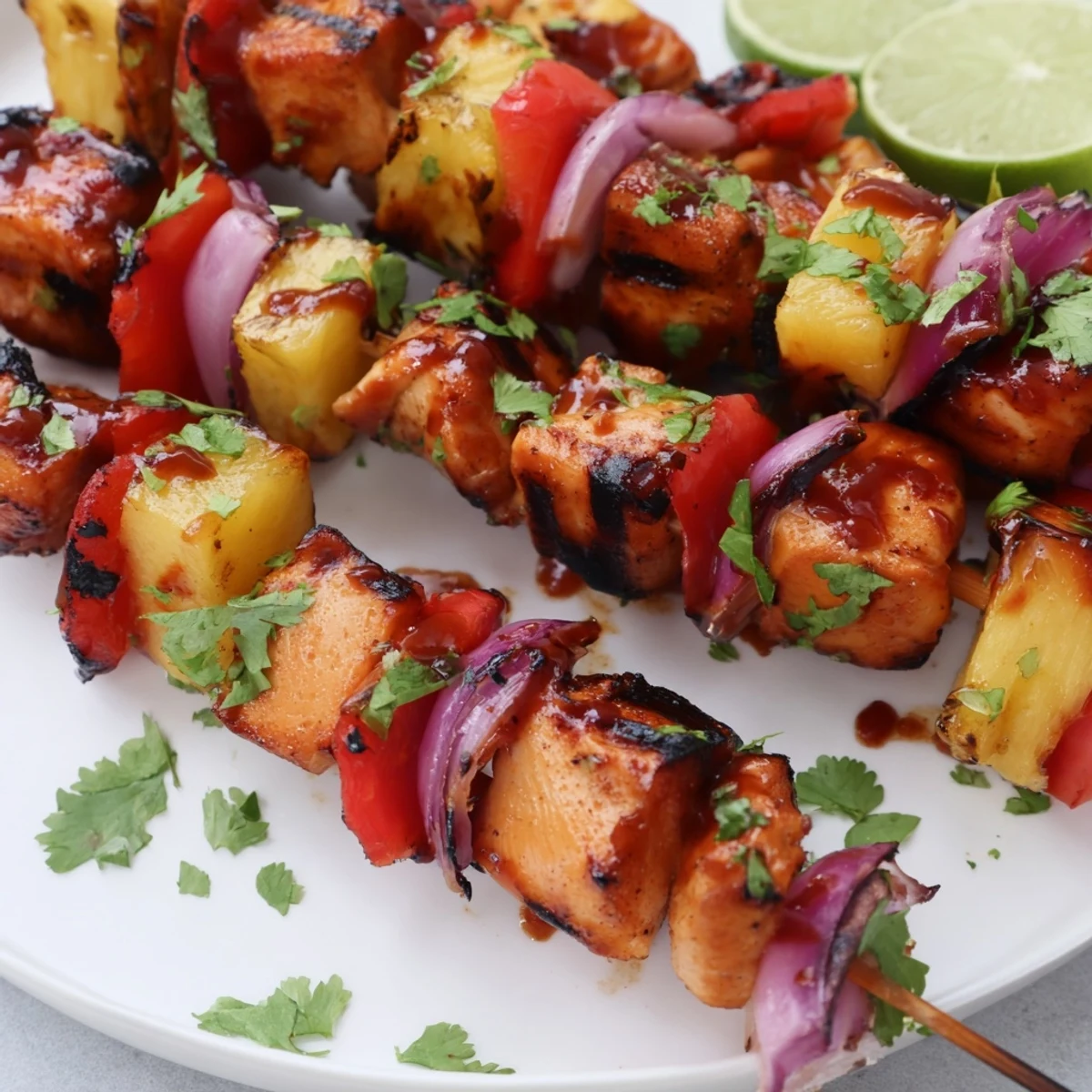 Sizzling Chicken and Pineapple BBQ Skewers are served over rice with extra BBQ sauce drizzled on top.