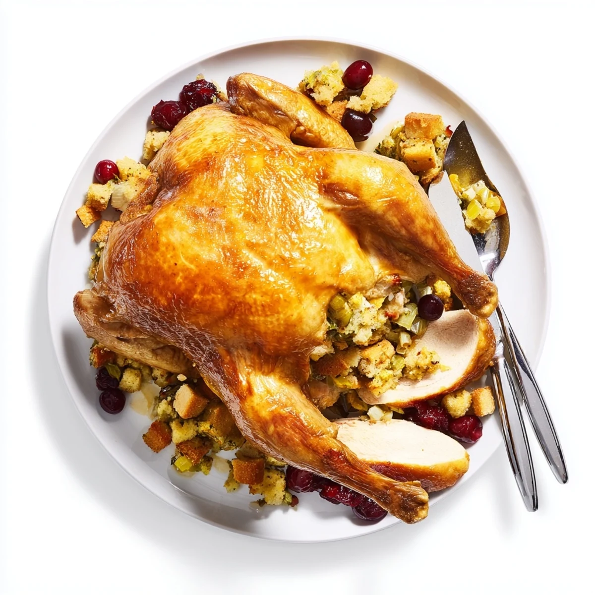 Golden-brown Cherry Roast Chicken with Sage Stuffing and Cherry Sauce glistening on a platter, garnished with fresh herbs and a drizzle of rich red sauce.