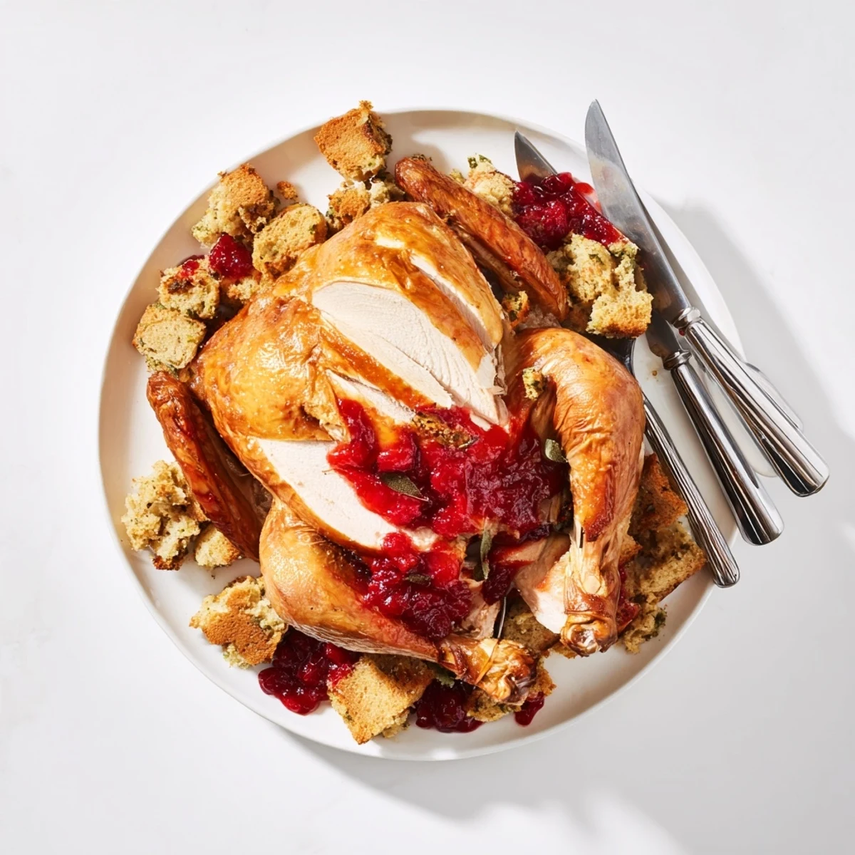 Juicy sliced Cherry Roast Chicken with Sage Stuffing and Cherry Sauce on a white plate, featuring a spoonful of stuffing and a vibrant cherry glaze.