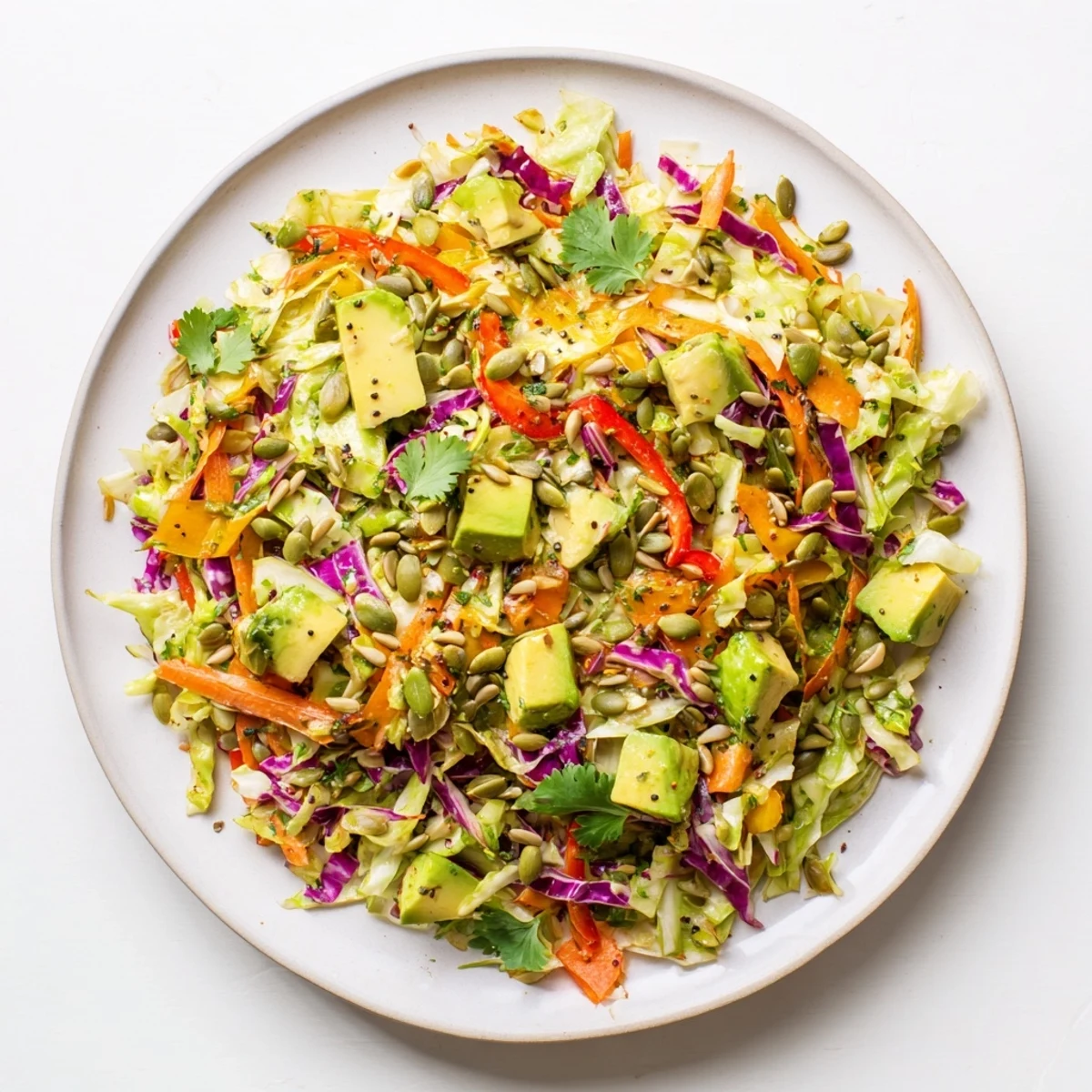 A bright bowl of Avocado Cabbage Salad with creamy avocado, crisp cabbage, and a zesty lime dressing garnished with sesame seeds.