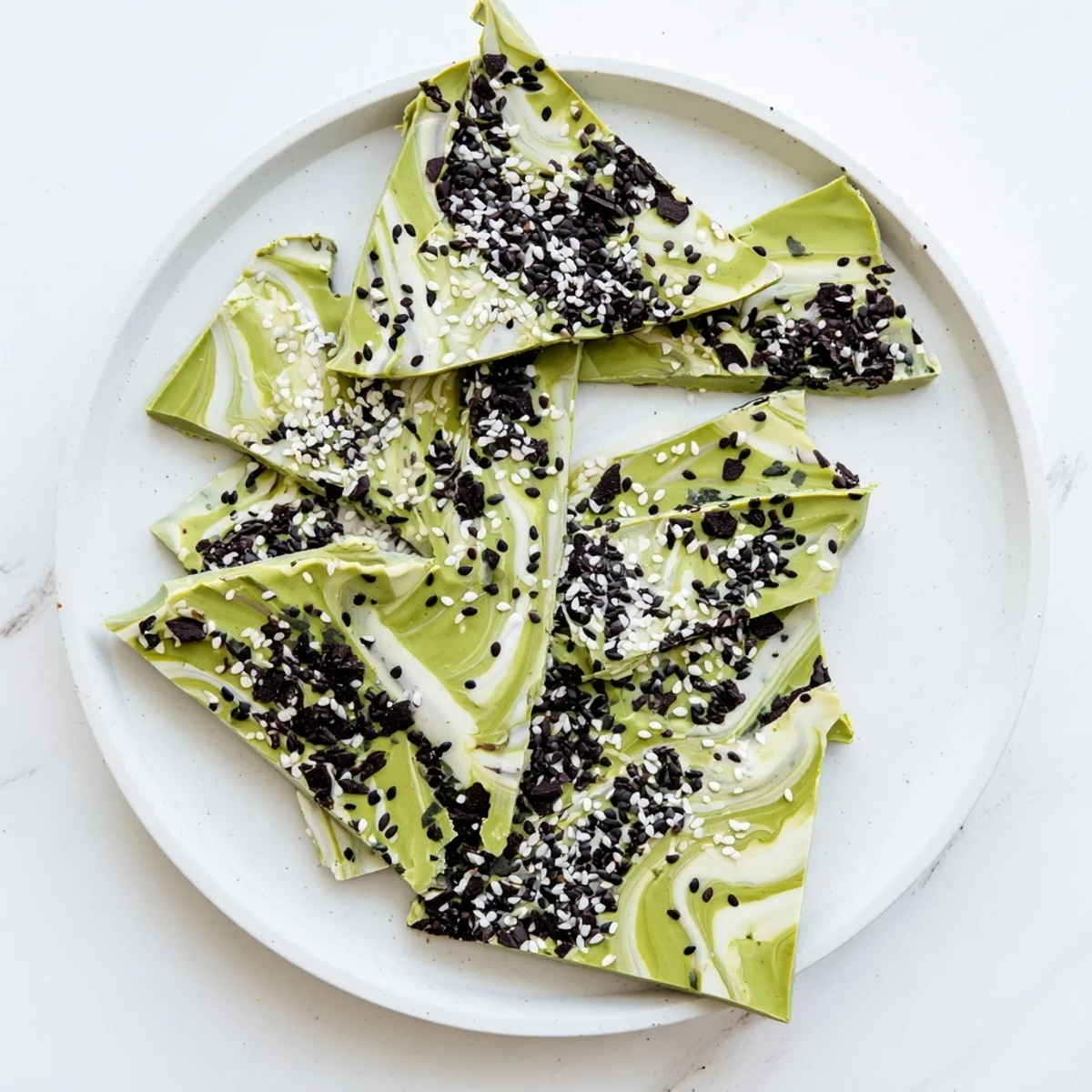 Cracked shards of Black Sesame Matcha Bark on a marble board, featuring a marbled green and white surface with black sesame seeds and a hint of flaky salt. 