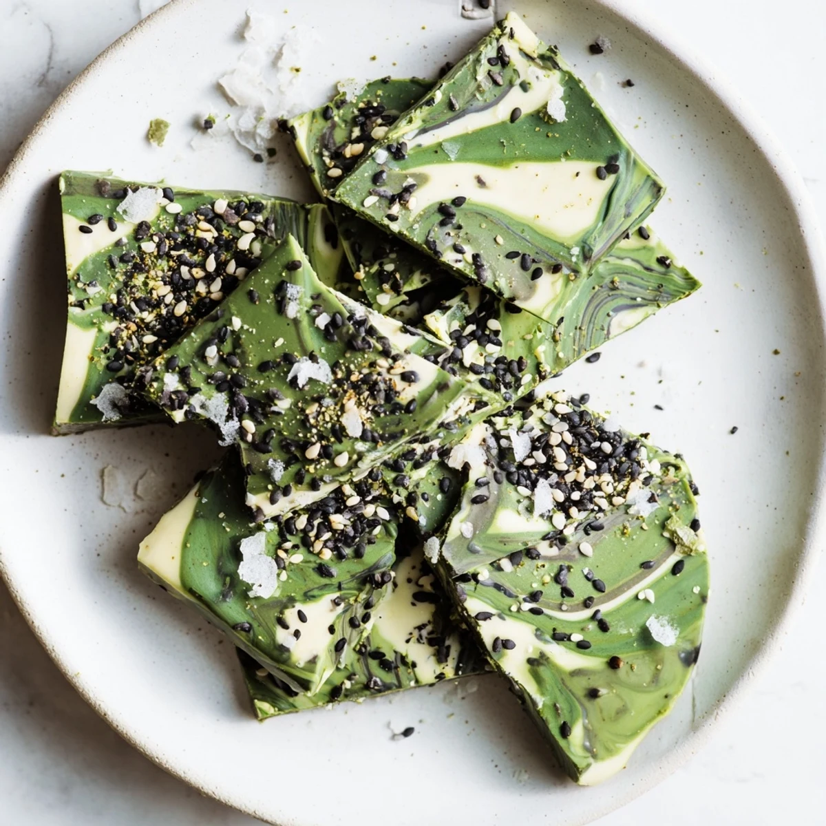 A close-up of Black Sesame Matcha Bark pieces showing glossy white chocolate swirled with vibrant green matcha and sprinkled with toasted sesame seeds. 