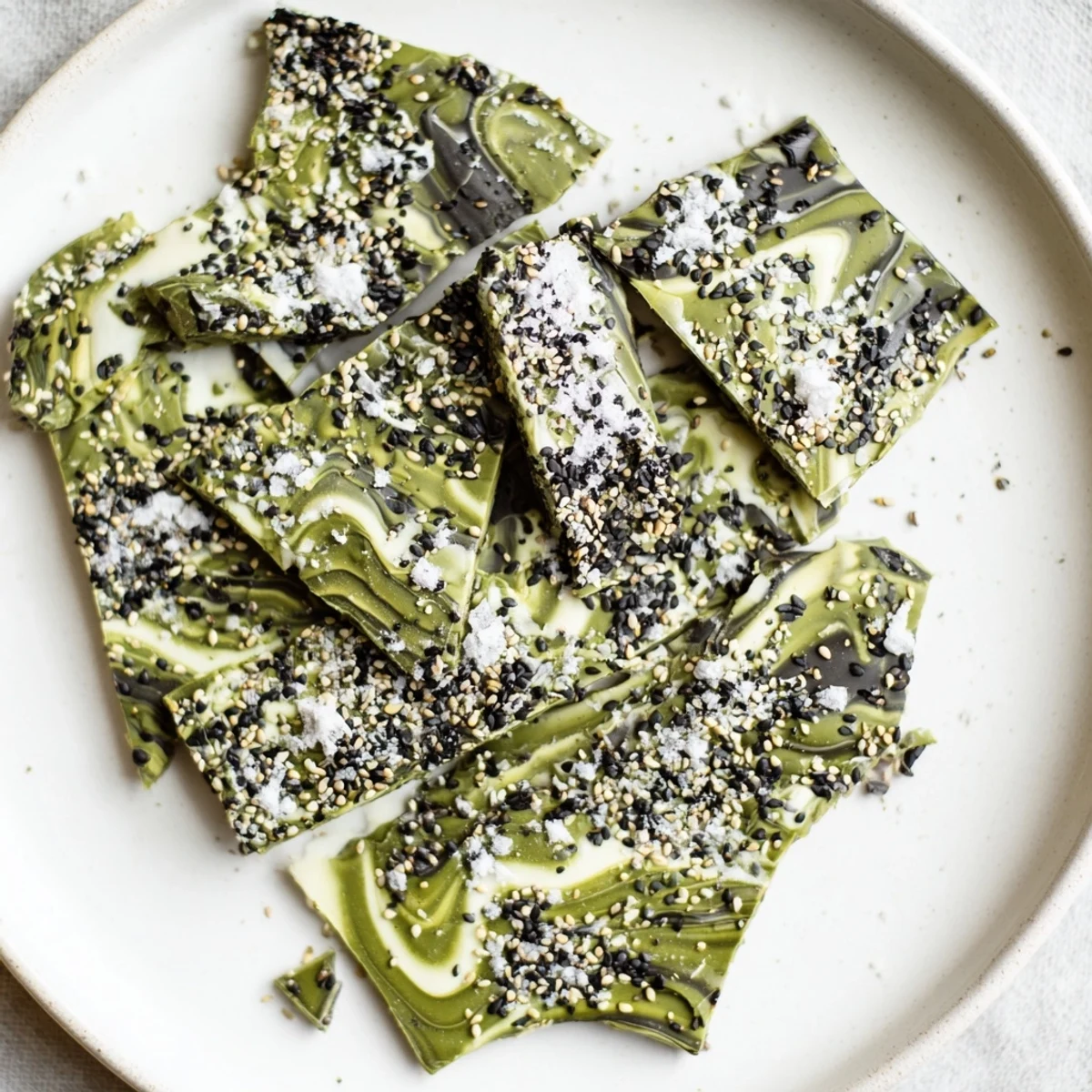 A freshly broken piece of Black Sesame Matcha Bark held between fingers, revealing the smooth texture and earthy matcha aroma against a rustic background.