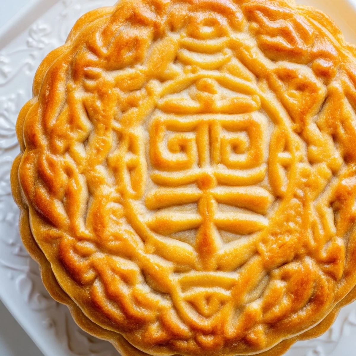 Traditional Chinese mooncake dessert showcasing a patterned, tender crust and rich lotus paste, ready to be served with hot tea.