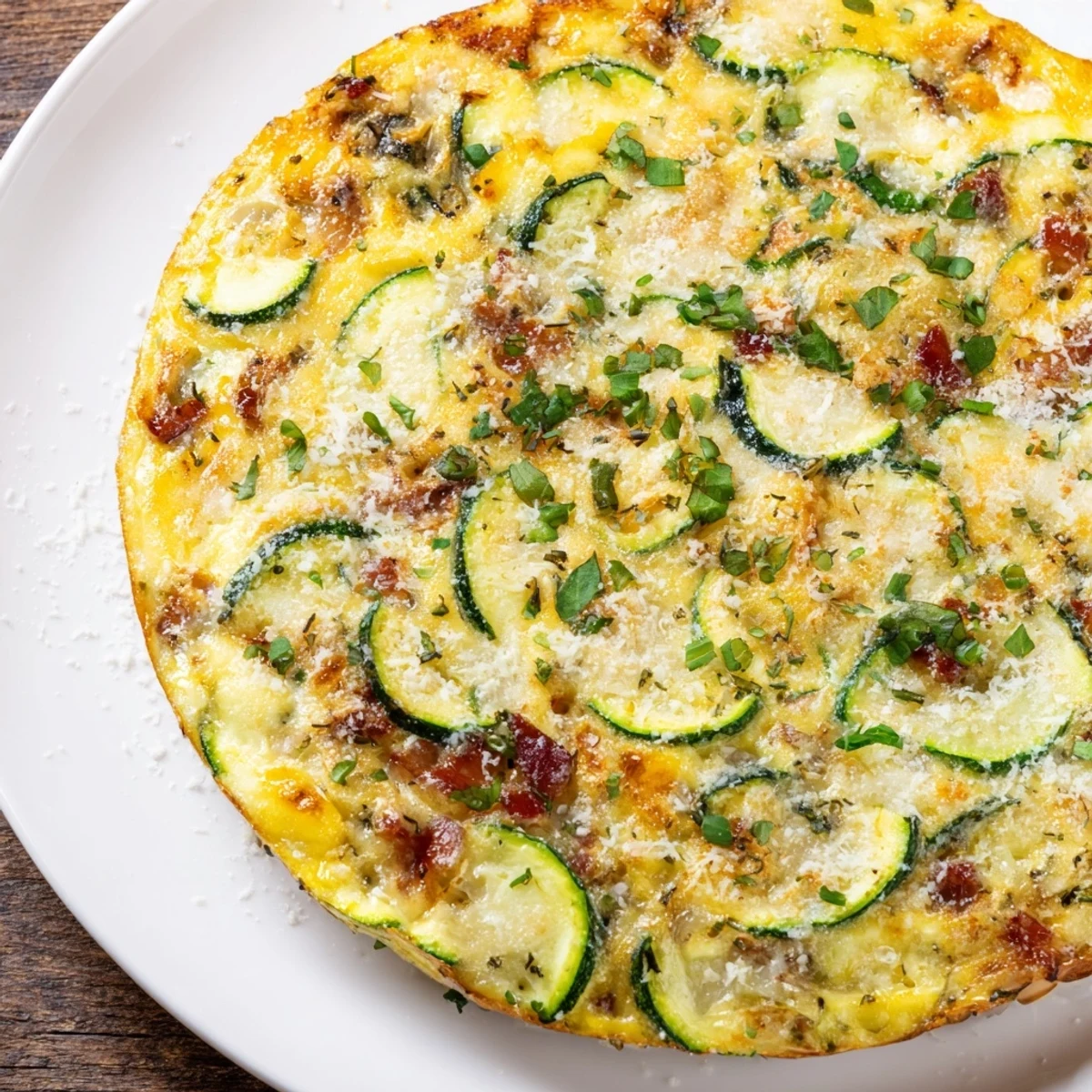 Fresh slices of Zucchini Herb and Pancetta Frittata show golden eggs with tender zucchini and crispy pancetta pieces on a white plate.