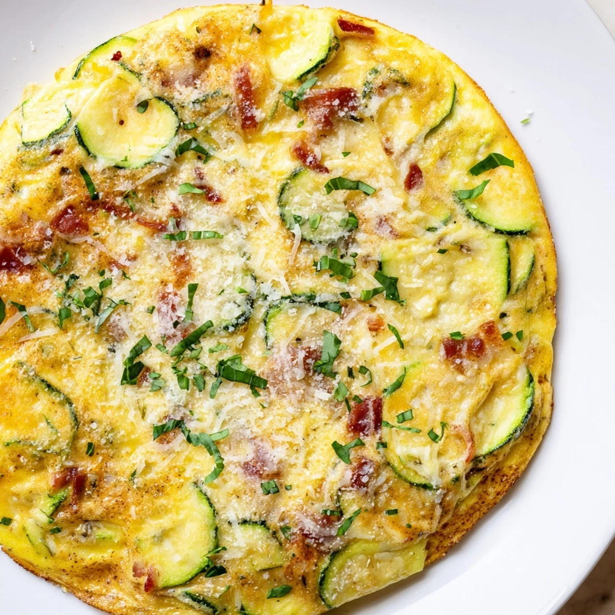 A close-up view of Zucchini Herb and Pancetta Frittata featuring herbs, melted Parmesan, and a rustic oven-baked finish on a skillet.