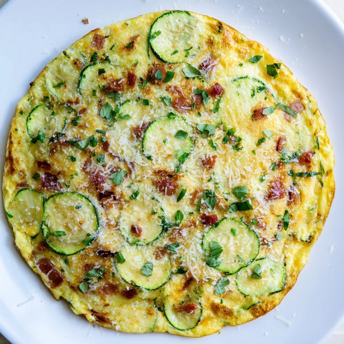 Overhead shot of Zucchini Herb and Pancetta Frittata served with a side salad, highlighting the savory Italian-inspired brunch dish.