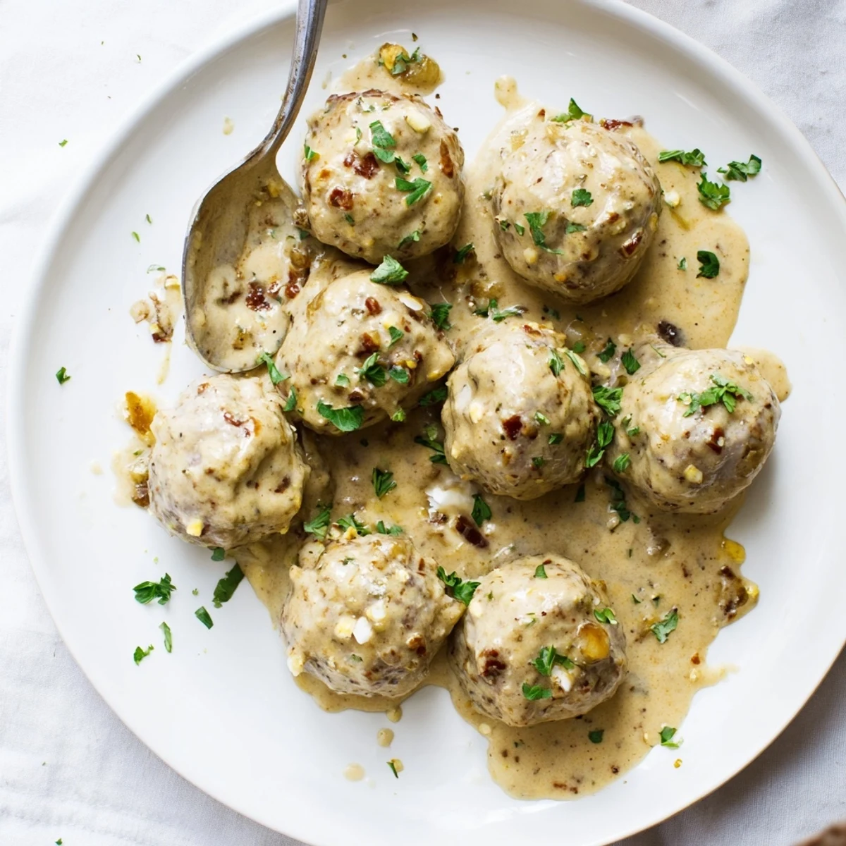 Juicy chicken and sun-dried tomato meatballs rest in a creamy mustard sauce, served over fluffy mashed potatoes.