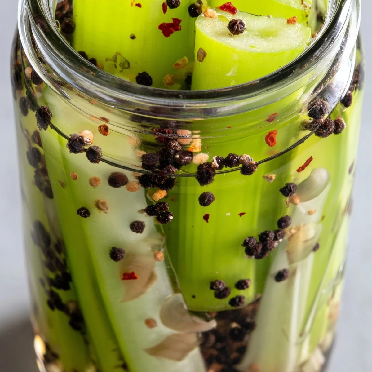 Bright, tangy Quick Pickled Celery with crunchy slices soaking in a savory brine, served as a snack.