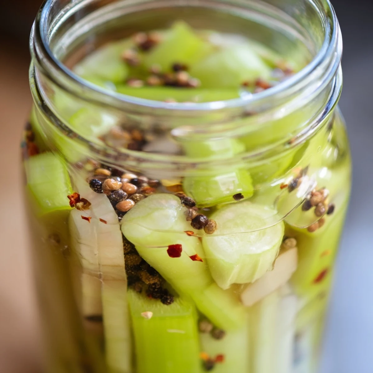 Vibrant Quick Pickled Celery beside a Bloody Mary garnish, tangy and crisp for a savory appetizer.