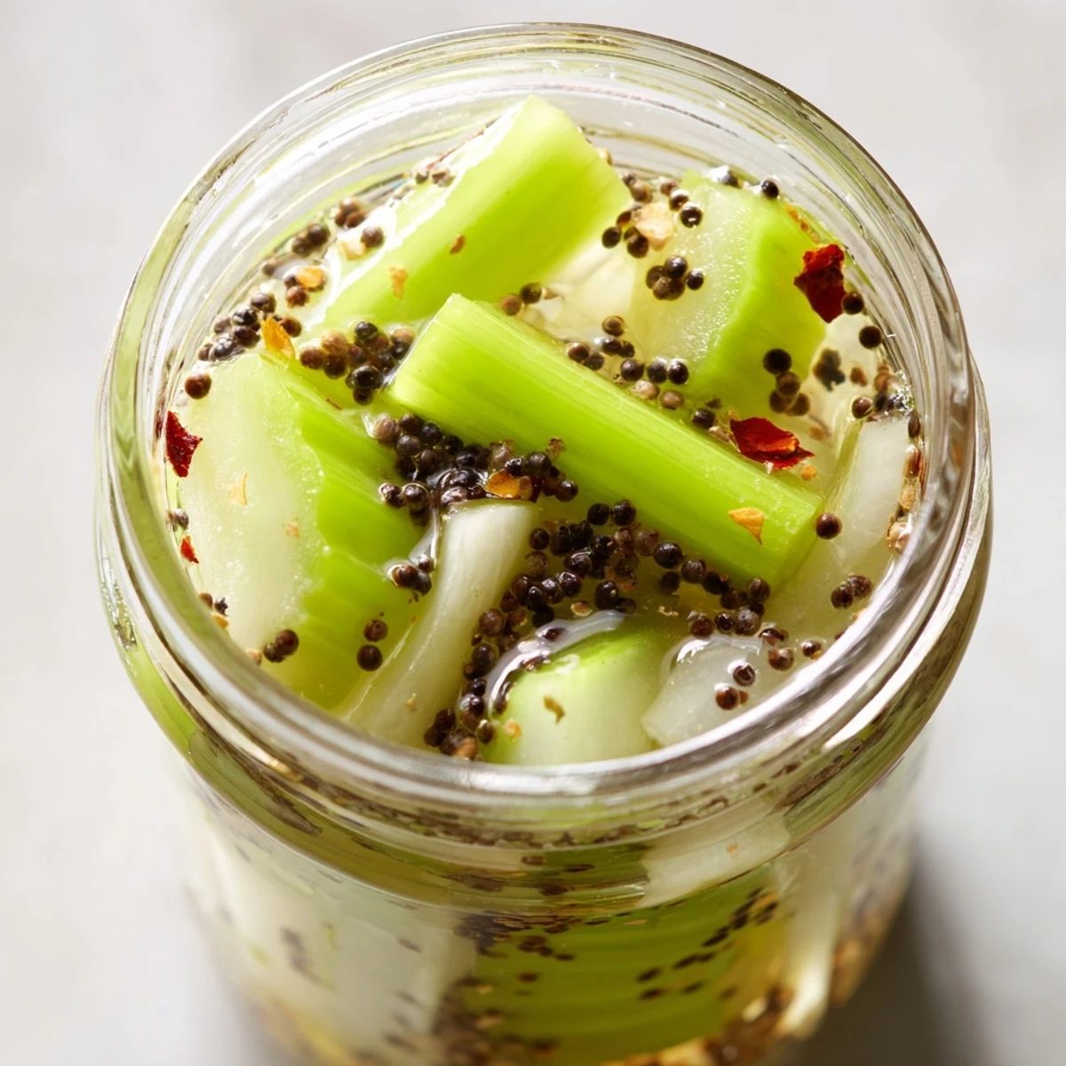 Fresh Quick Pickled Celery in a glass jar with red pepper flakes, ready for sandwiches or salads.