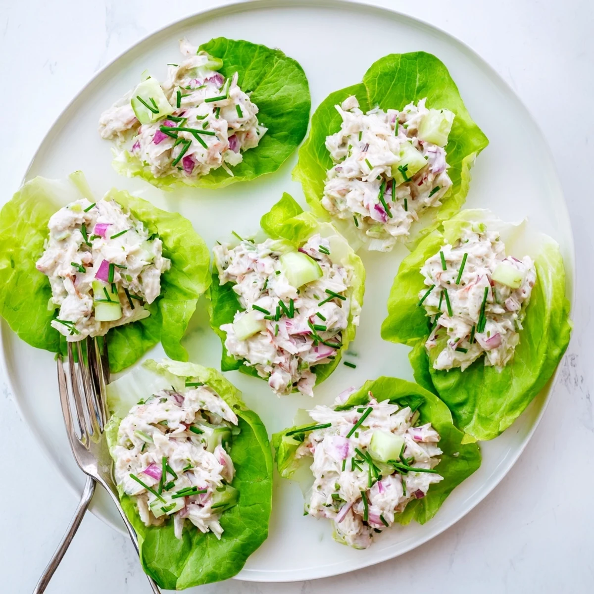 Juicy lump crab salad in a creamy dressing with crisp celery, cucumber, and lemon wedges on butter lettuce.  