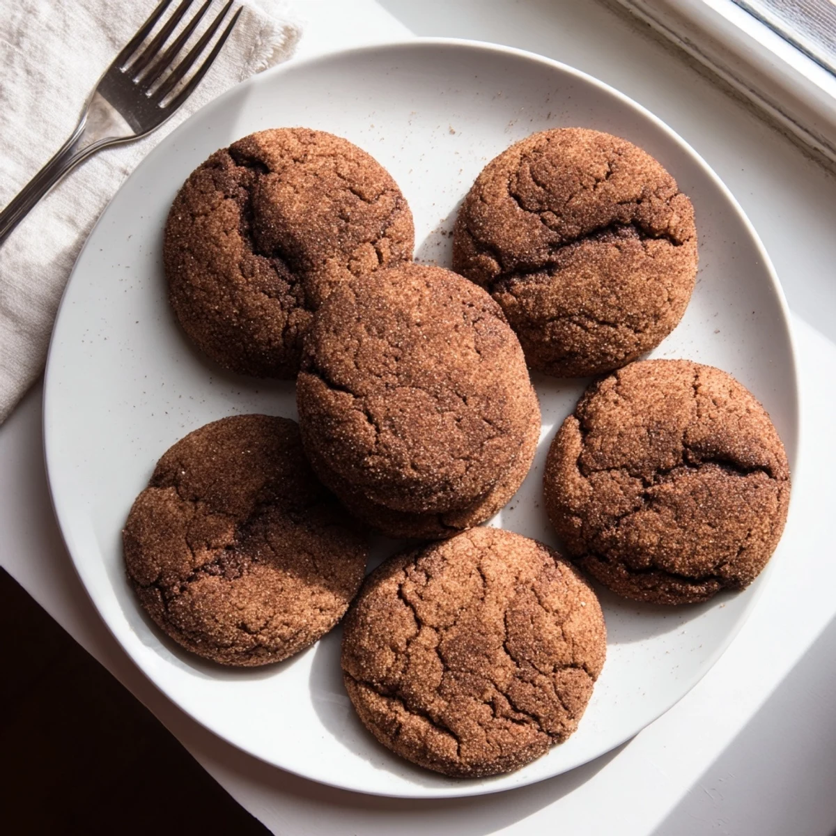 A warm plate of Chocolate Snickerdoodles beside a tall glass of milk, perfect for an afternoon sweet treat.