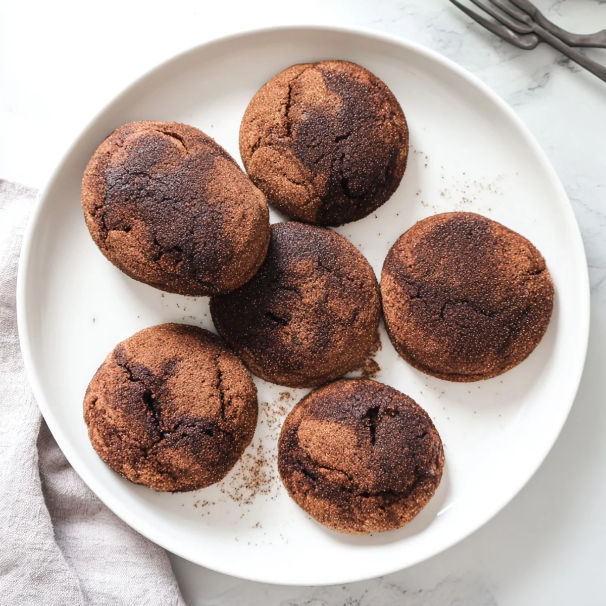 Close-up of freshly baked Chocolate Snickerdoodles on a wire cooling rack, showing the crinkled tops dusted with cinnamon sugar.