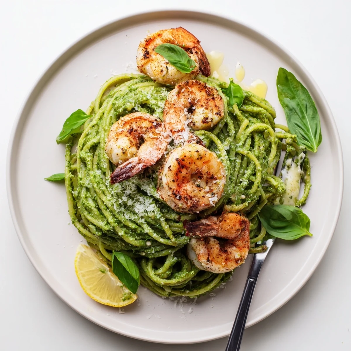 Vibrant Pesto Pasta and Grilled Shrimp Stack on a white plate with fresh basil garnish and lemon wedges.