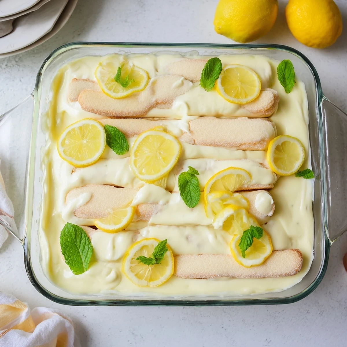 Creamy layered Lemon Tiramisu dessert with fresh mint garnish on a rustic wooden table.