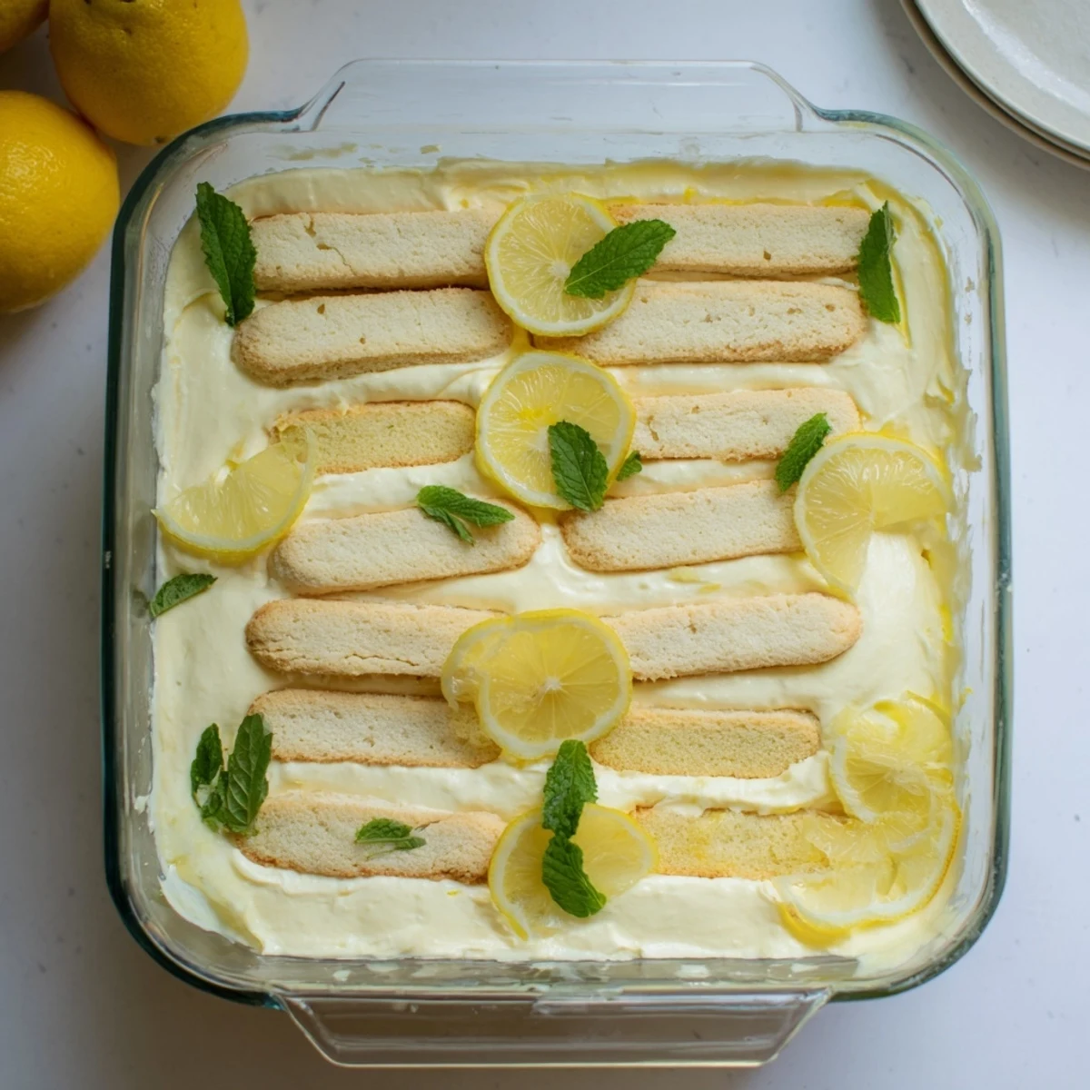 Overhead view of chilled Lemon Tiramisu in a glass dish with lemon wheel toppers.
