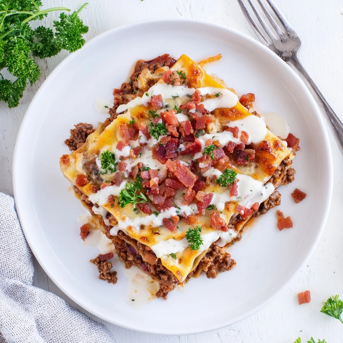 Layered Lasagna Meets Cheeseburger Parmesan Garlic Bacon Style hot from the oven with melted cheese and crispy bacon bits.