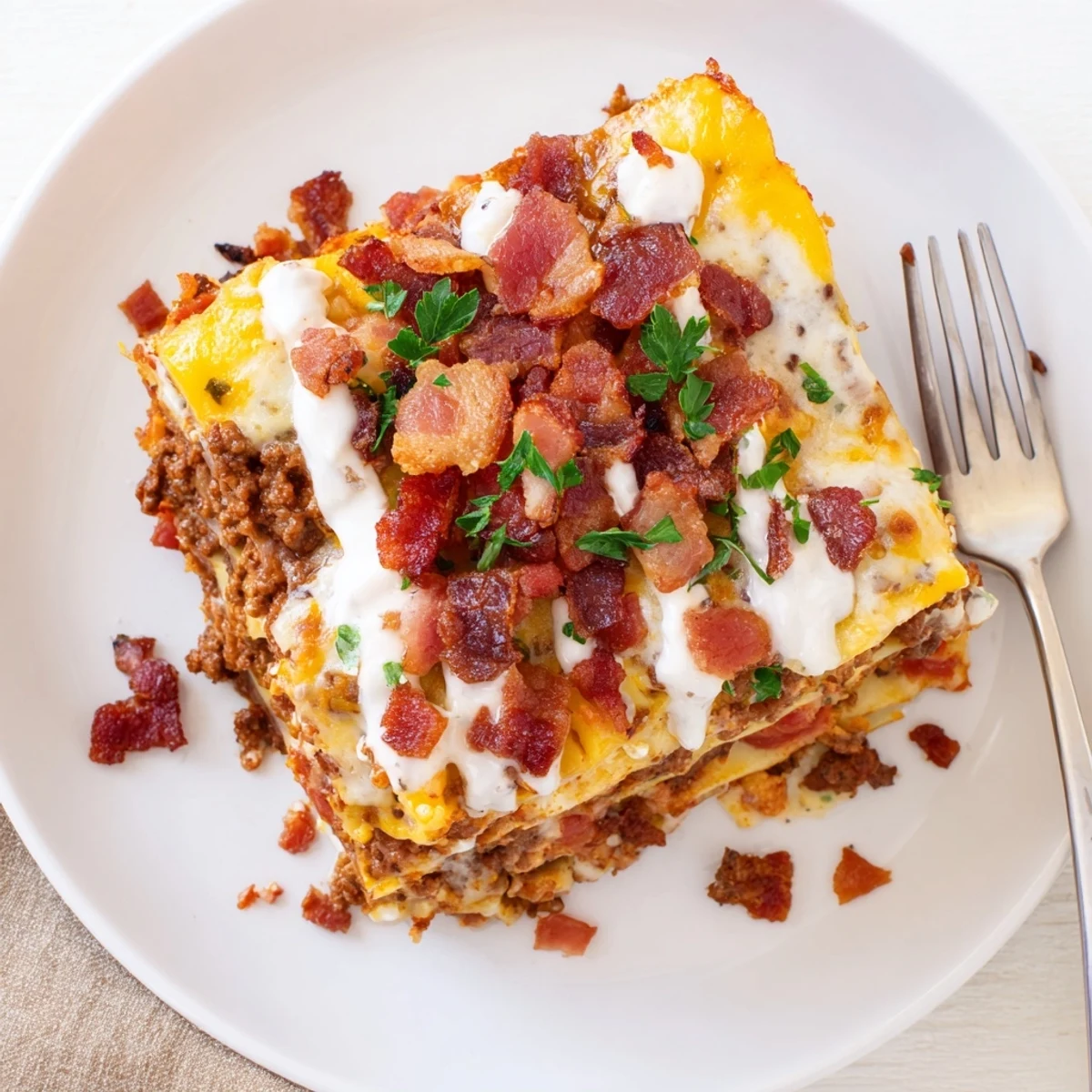 Golden Lasagna Meets Cheeseburger Parmesan Garlic Bacon Style on a platter garnished with fresh parsley and sliced pickles.