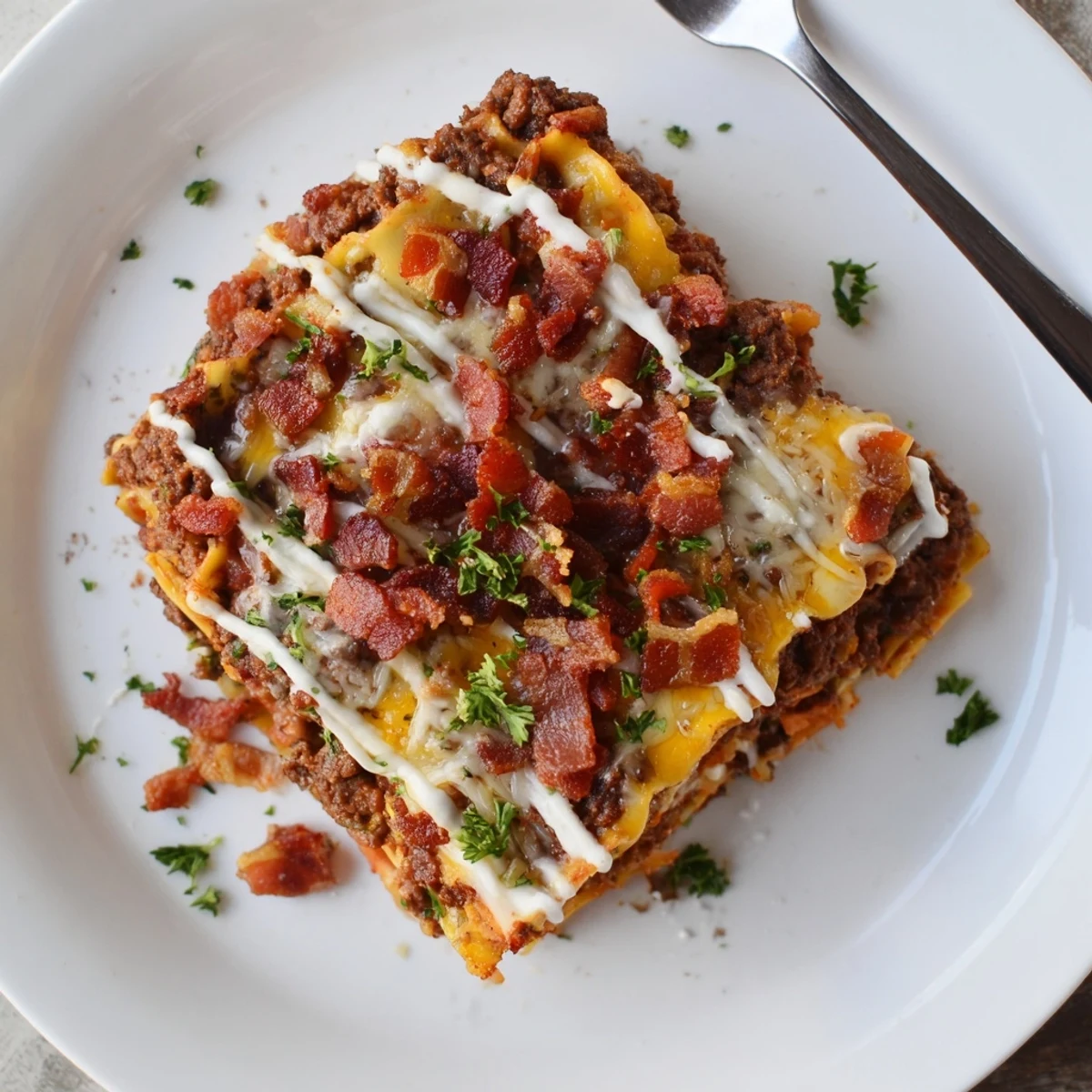 Steaming slice of Lasagna Meets Cheeseburger Parmesan Garlic Bacon Style revealing beef sauce and rich parmesan garlic sauce layers.