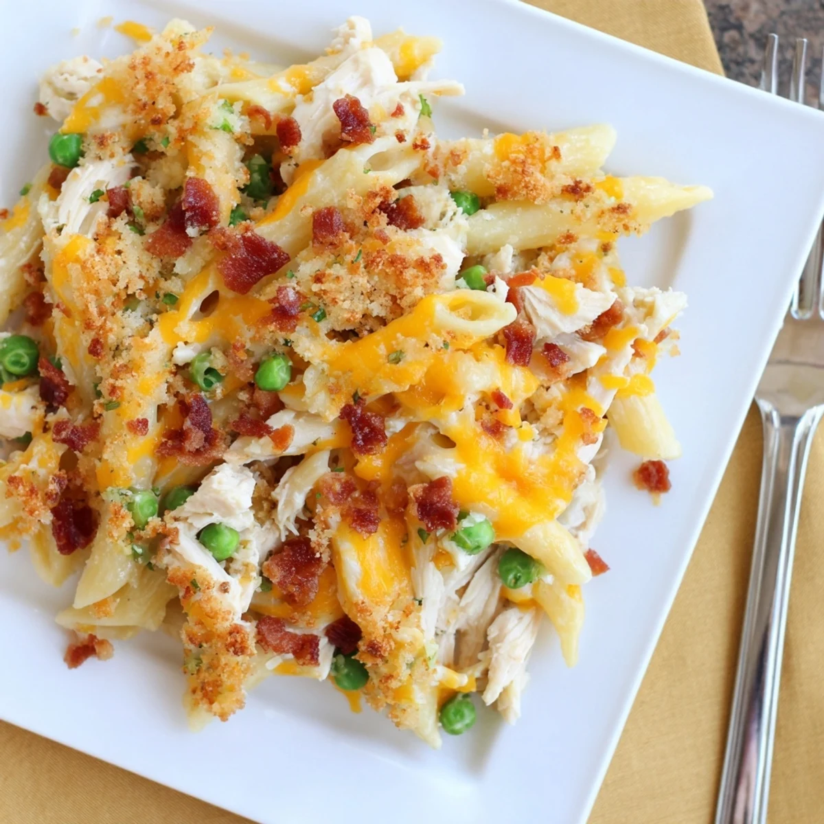 A serving of Crazy Good Casserole with creamy, cheesy pasta, bacon, and tender chicken baked to golden, bubbly perfection.