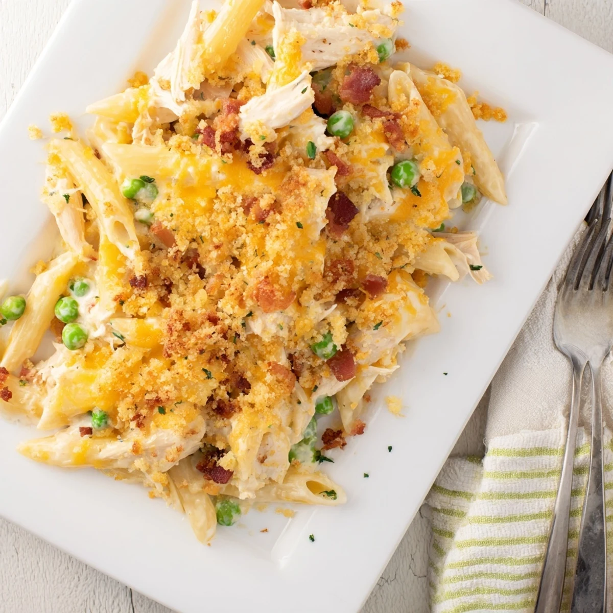 Close-up of Crazy Good Casserole showing a golden panko topping on a creamy blend of penne, chicken, and bacon.
