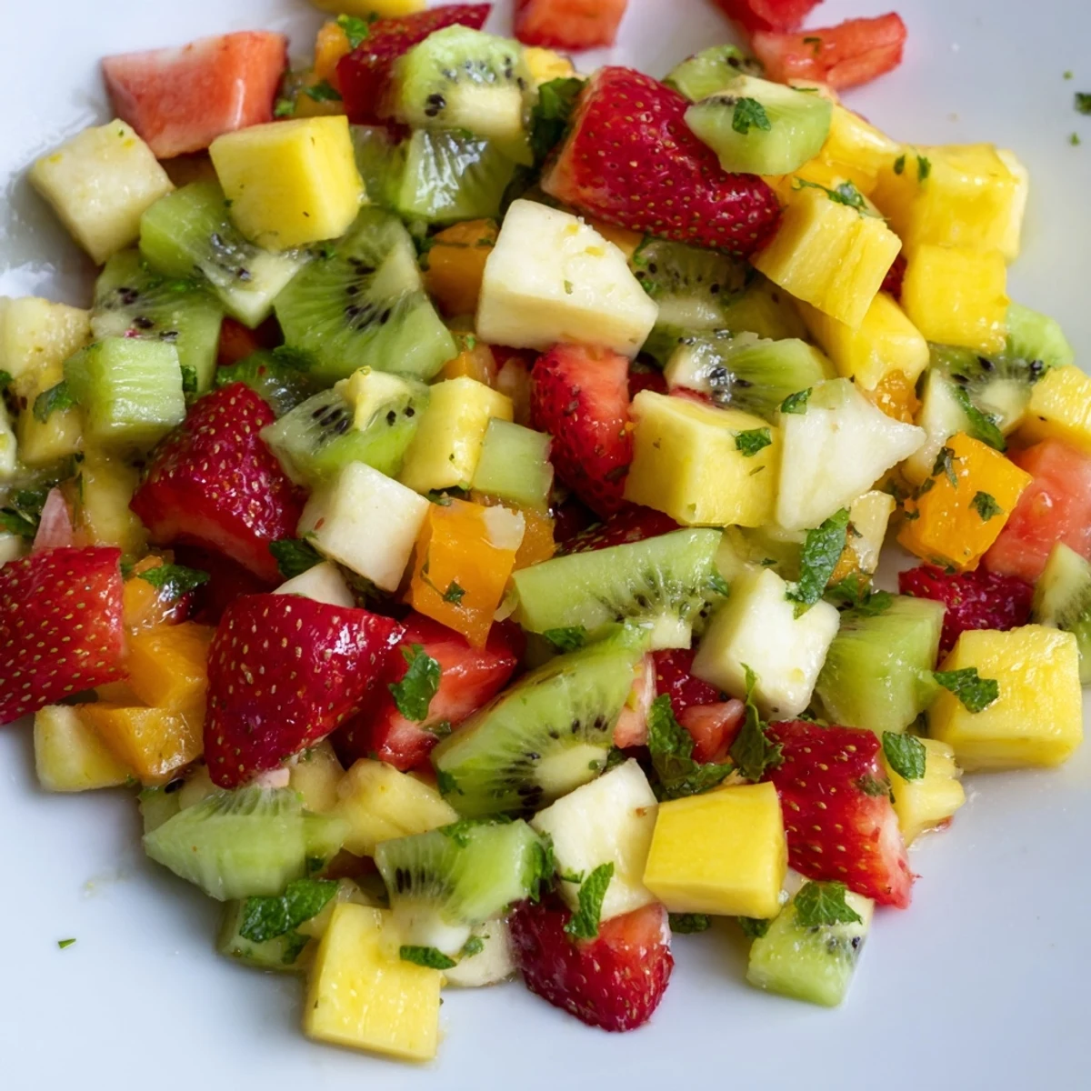 Vibrant bowl of Fruit Salsa With Cinnamon Sugar Tortilla Chips glistening with lime juice and honey, ready to dip at a summer party.