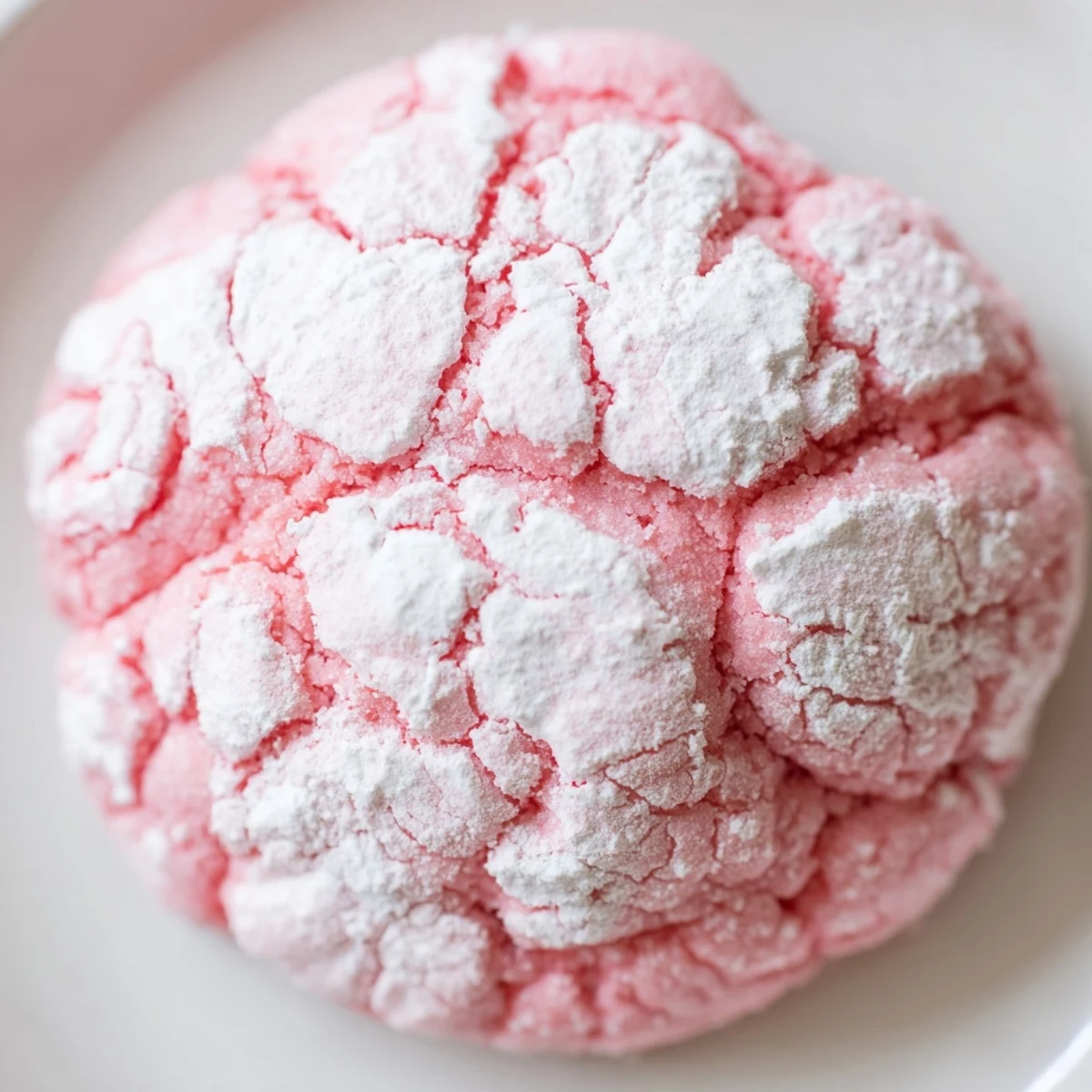 A plate of Easy 5 Ingredient Strawberry Crinkle Cookies dusted with sweet powdered sugar, perfect with a glass of cold milk.