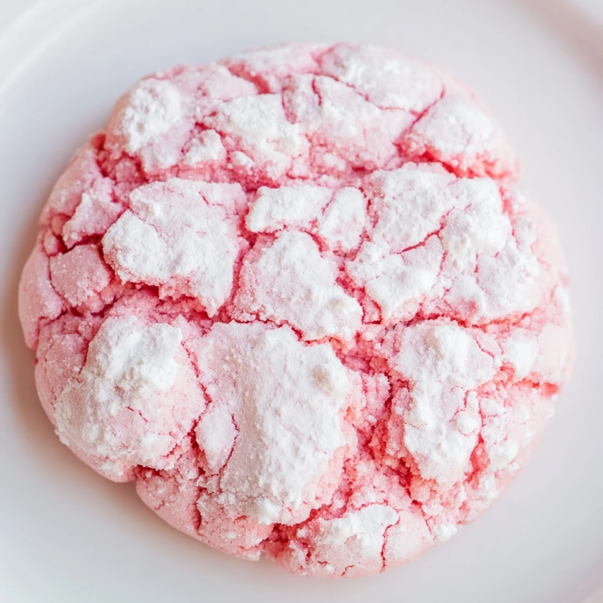 Close-up view of chewy strawberry crinkle cookies showing crinkled texture and powdered sugar coating on a white plate.