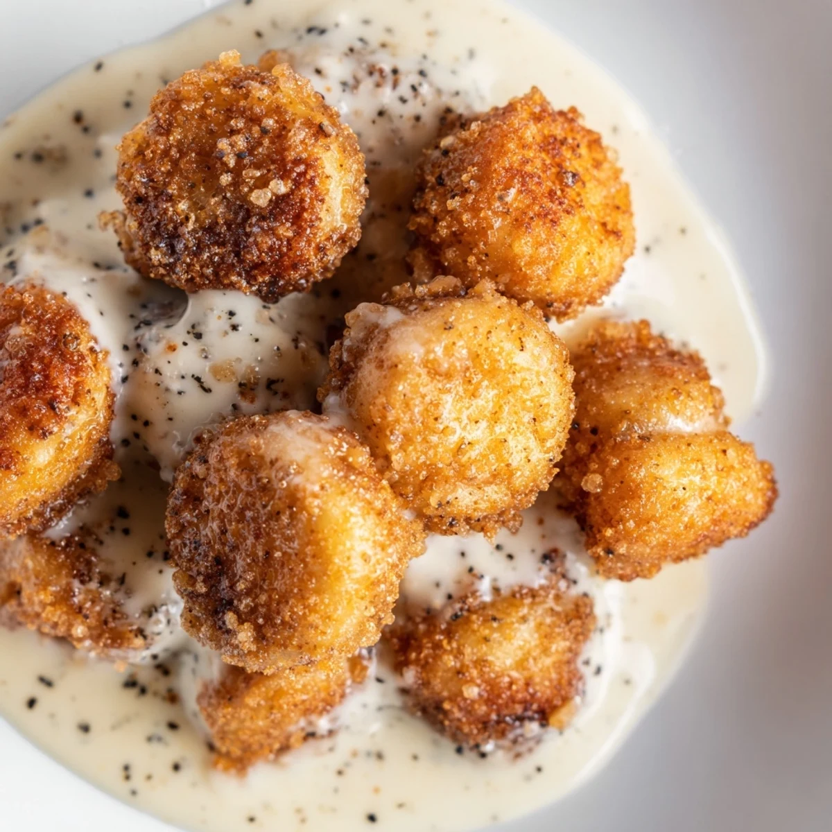 Crispy golden-brown Chicken Fried Mushrooms with Gravy arranged on a white platter, steaming beside creamy mashed potatoes for a comforting vegetarian main dish.